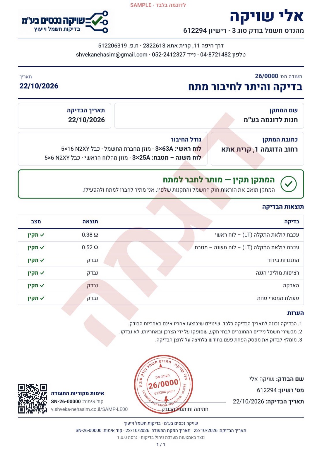 תעודת בדיקה לדוגמה של אלי שויקה
